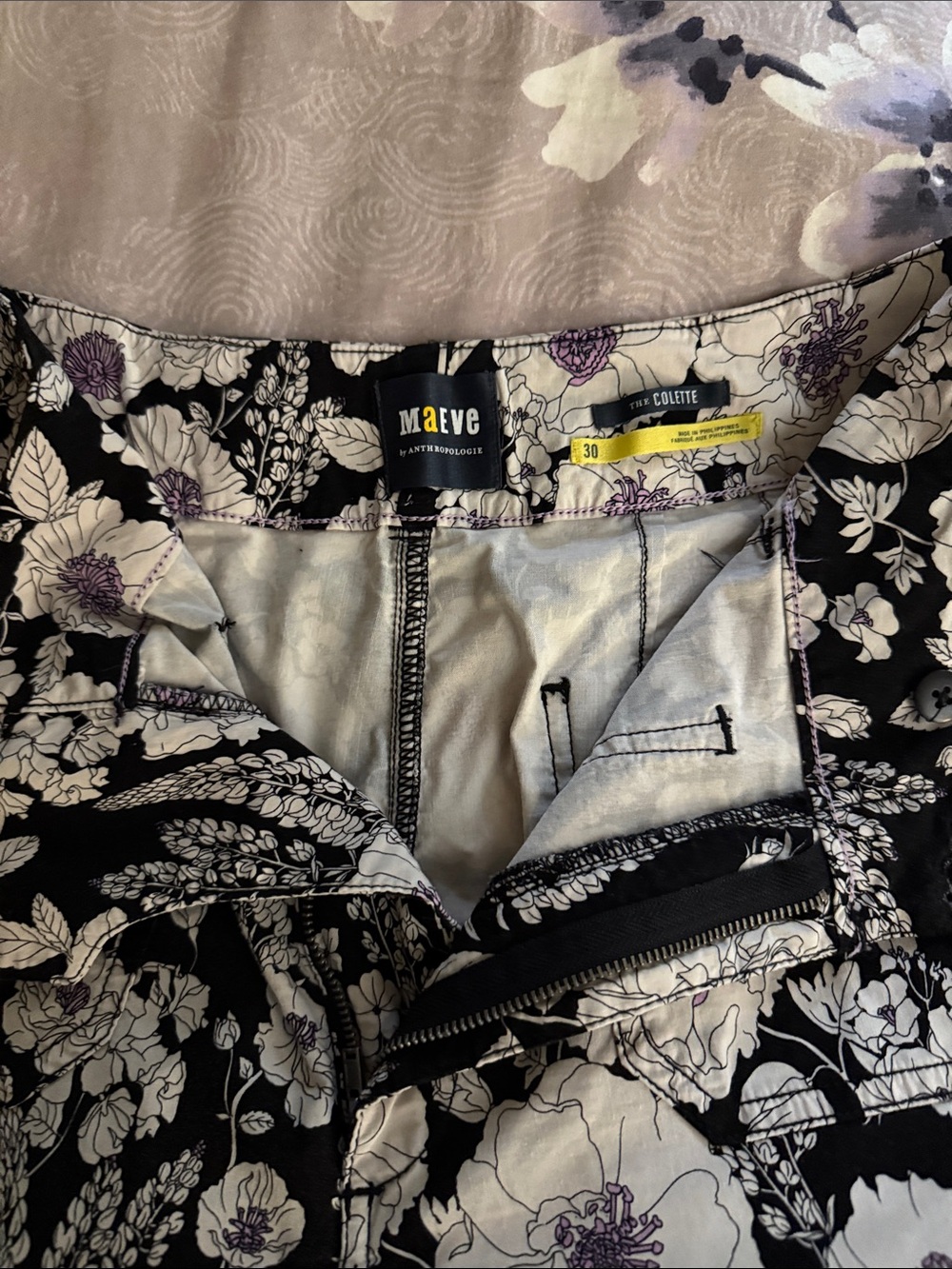 Maeve Black and White High-Waist Floral Shorts with Purple Accents